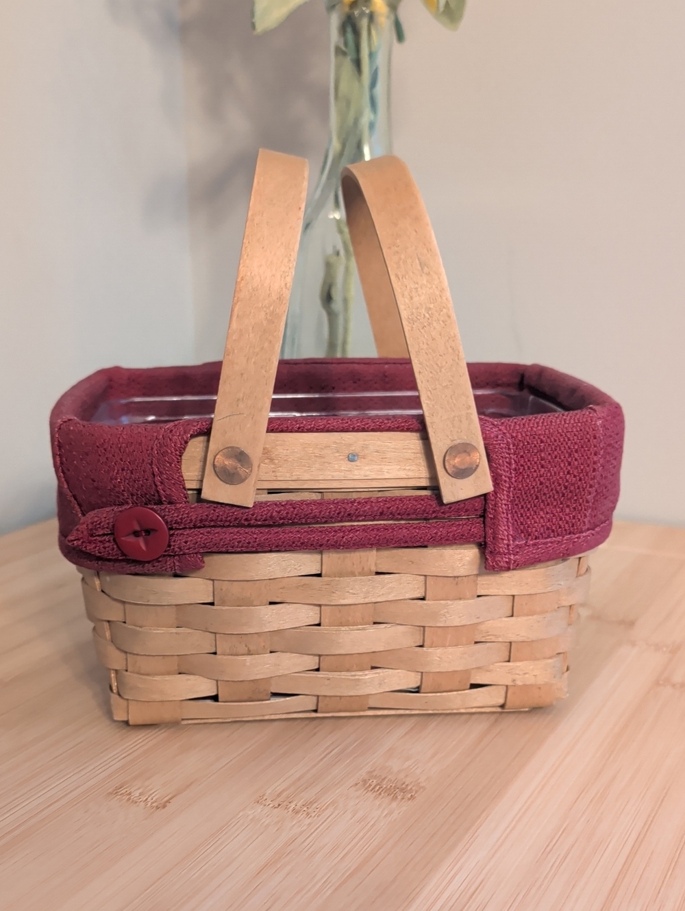 Longaberger Little Market Basket with Burgundy Fabric Trim and Natural Wood